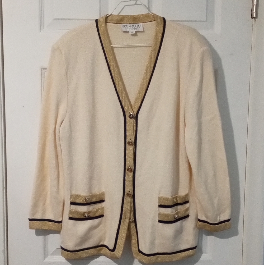 St. John Ivory Cardigan with Metallic and Black Accents